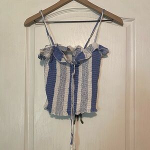 NWOT Ocean Drive size S blue/white cropped tank top w/front tassel ties